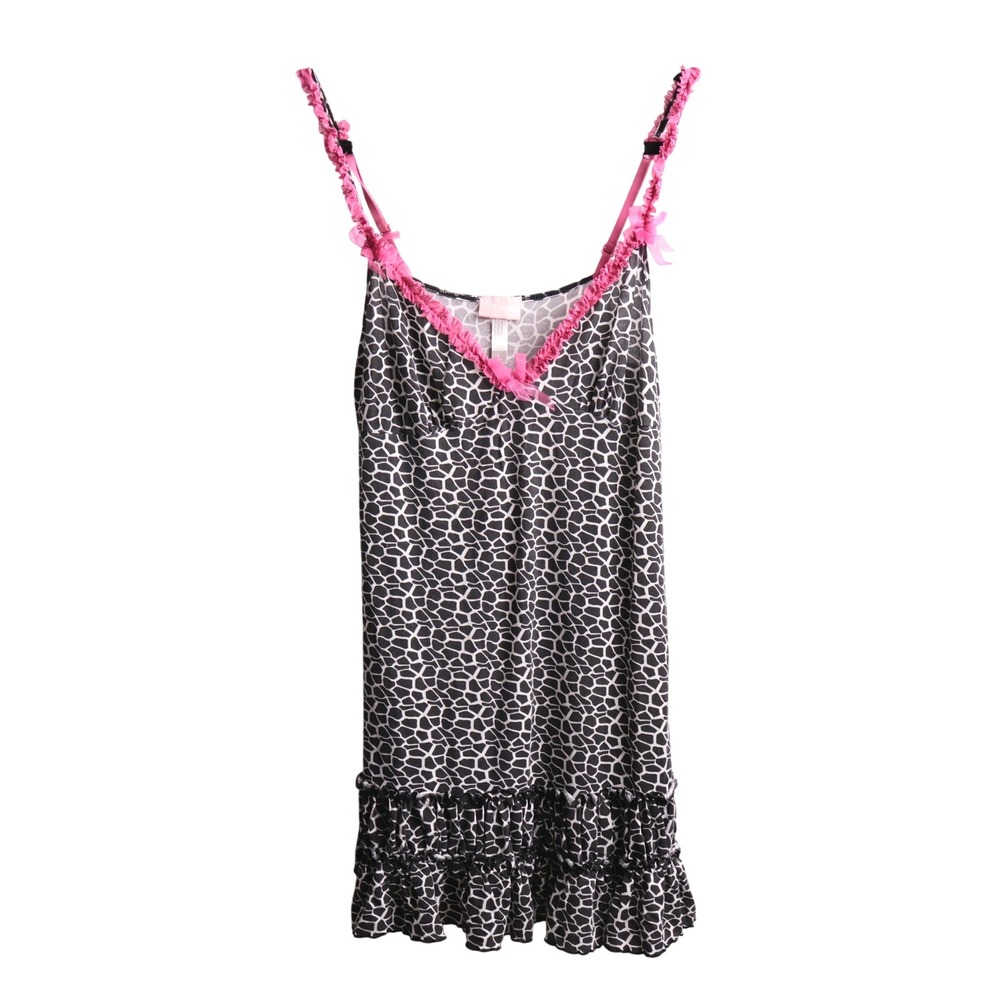 Y2K‎ Giraffe Print Ruffle Nightgown Mini Dress Pink Trim Bow L Indie Sleaze Wild